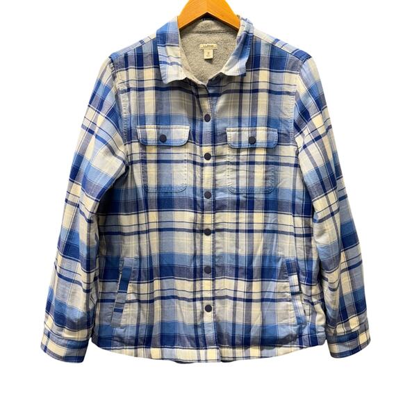 LL Bean Shacket Womens Medium Fleece Lined Snap Up Blue Plaid Flannel COMFY - Picture 1 of 8